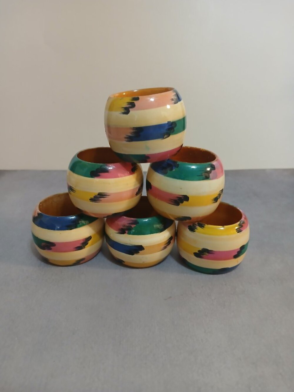Set of Six Hand Painted Colorful Lacquer Napkin Rings-India